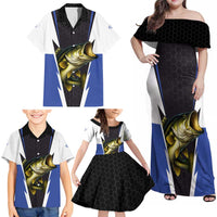 Personalized Bass Fishing Family Matching Off Shoulder Maxi Dress and Hawaiian Shirt Jumping Fish and Blue White Lightning Pattern Design - Wonder Print Shop
