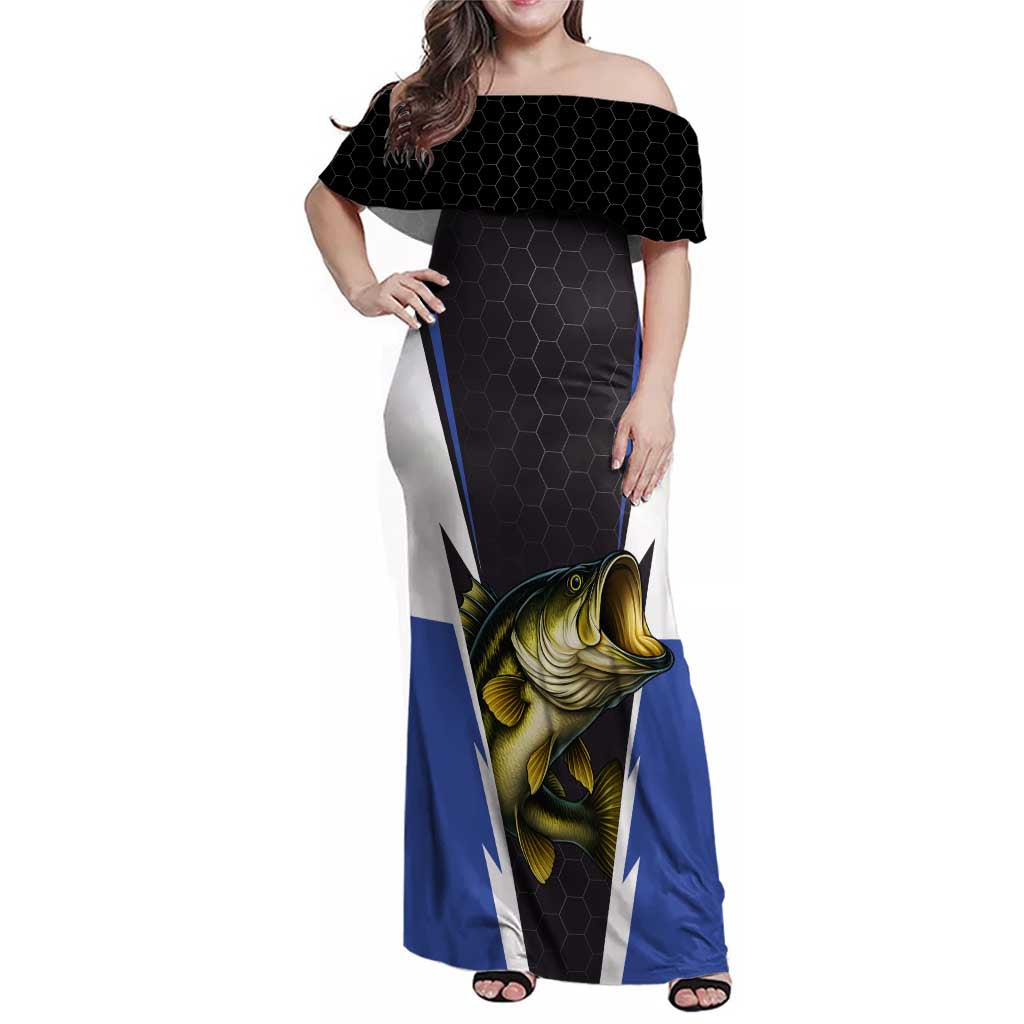 Personalized Bass Fishing Family Matching Off Shoulder Maxi Dress and Hawaiian Shirt Jumping Fish and Blue White Lightning Pattern Design - Wonder Print Shop