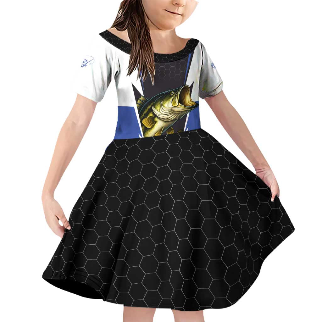 Personalized Bass Fishing Family Matching Off Shoulder Short Dress and Hawaiian Shirt Jumping Fish and Blue White Lightning Pattern Design - Wonder Print Shop