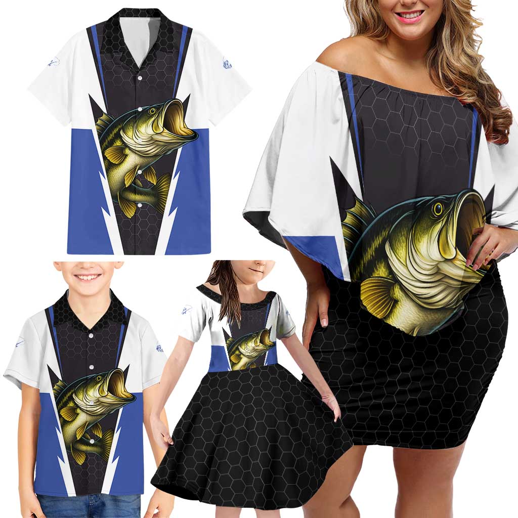 Personalized Bass Fishing Family Matching Off Shoulder Short Dress and Hawaiian Shirt Jumping Fish and Blue White Lightning Pattern Design - Wonder Print Shop