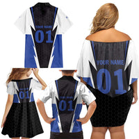 Personalized Bass Fishing Family Matching Off Shoulder Short Dress and Hawaiian Shirt Jumping Fish and Blue White Lightning Pattern Design - Wonder Print Shop