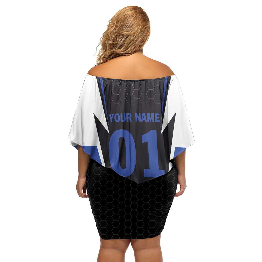 Personalized Bass Fishing Family Matching Off Shoulder Short Dress and Hawaiian Shirt Jumping Fish and Blue White Lightning Pattern Design - Wonder Print Shop