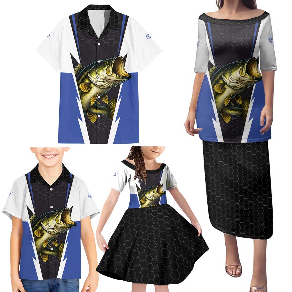 Personalized Bass Fishing Family Matching Puletasi and Hawaiian Shirt Jumping Fish and Blue White Lightning Pattern Design - Wonder Print Shop