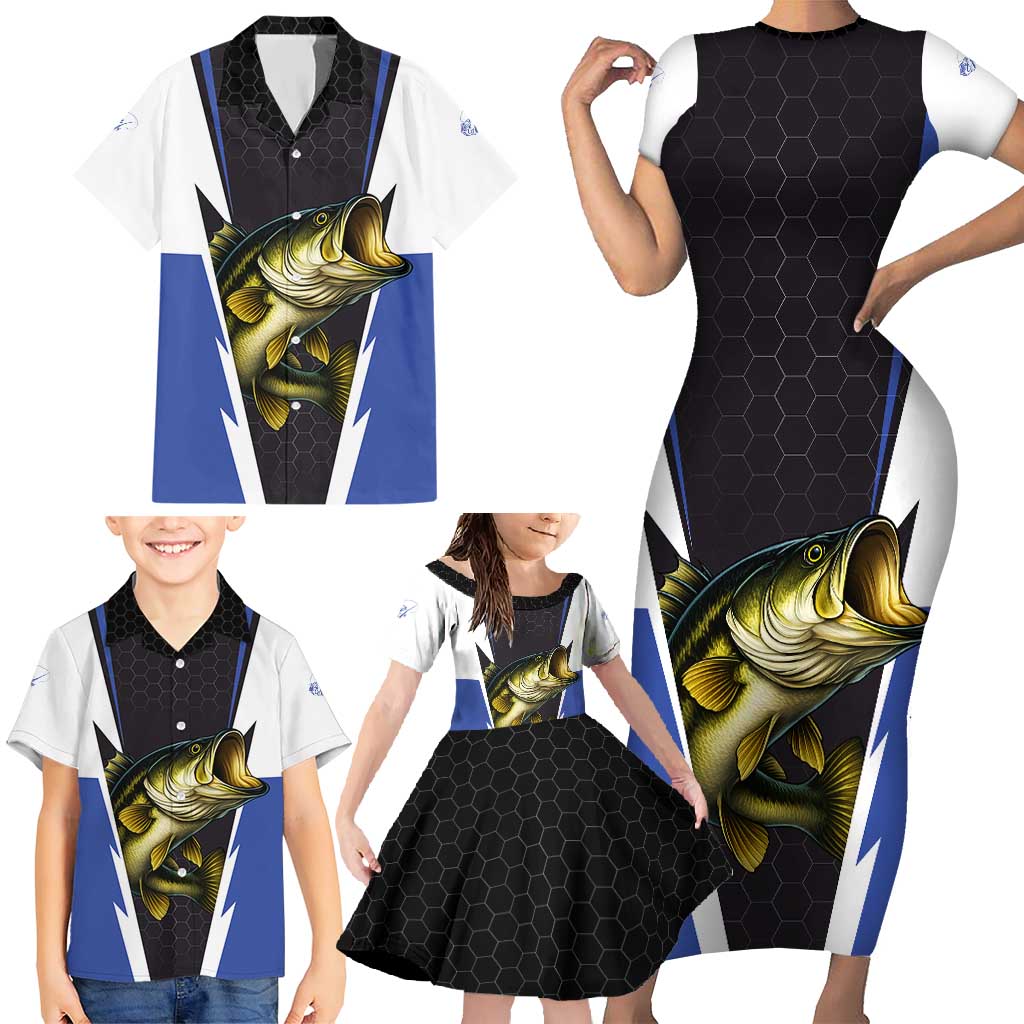 Personalized Bass Fishing Family Matching Short Sleeve Bodycon Dress and Hawaiian Shirt Jumping Fish and Blue White Lightning Pattern Design - Wonder Print Shop