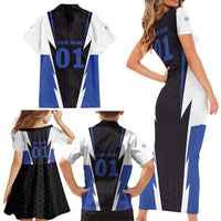 Personalized Bass Fishing Family Matching Short Sleeve Bodycon Dress and Hawaiian Shirt Jumping Fish and Blue White Lightning Pattern Design - Wonder Print Shop