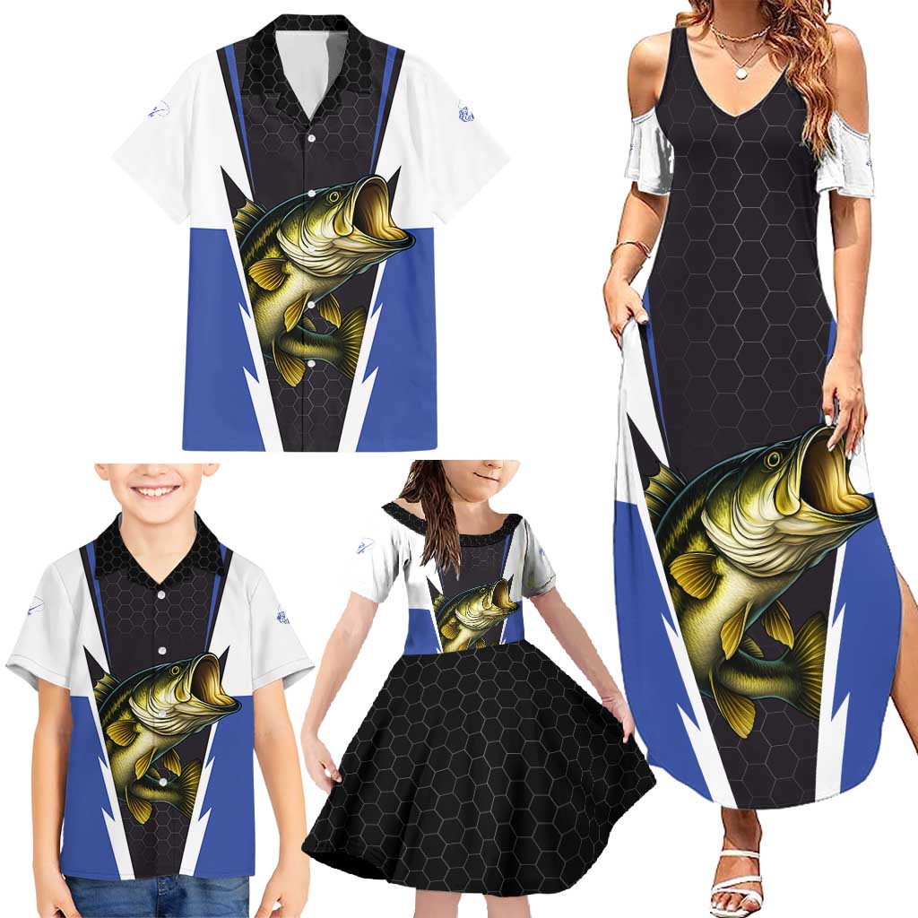 Personalized Bass Fishing Family Matching Summer Maxi Dress and Hawaiian Shirt Jumping Fish and Blue White Lightning Pattern Design - Wonder Print Shop