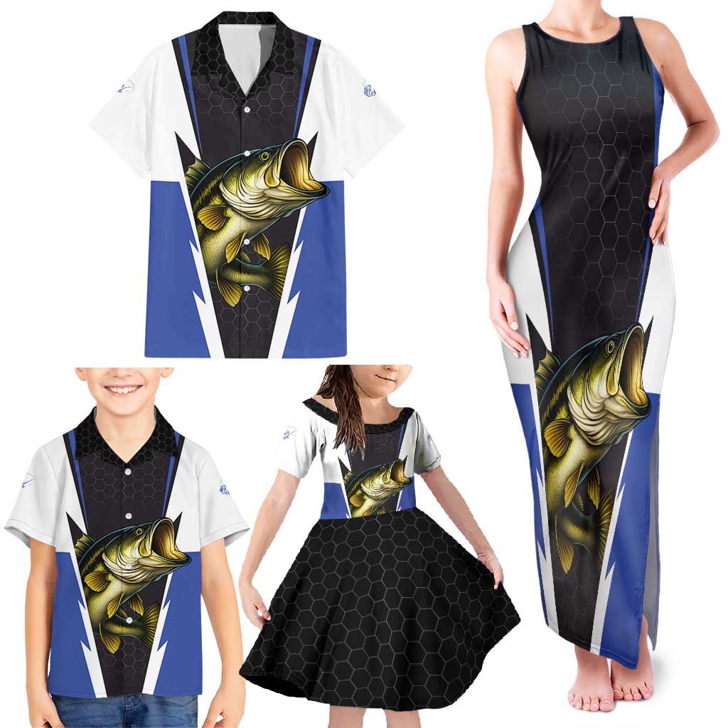 Personalized Bass Fishing Family Matching Tank Maxi Dress and Hawaiian Shirt Jumping Fish and Blue White Lightning Pattern Design - Wonder Print Shop