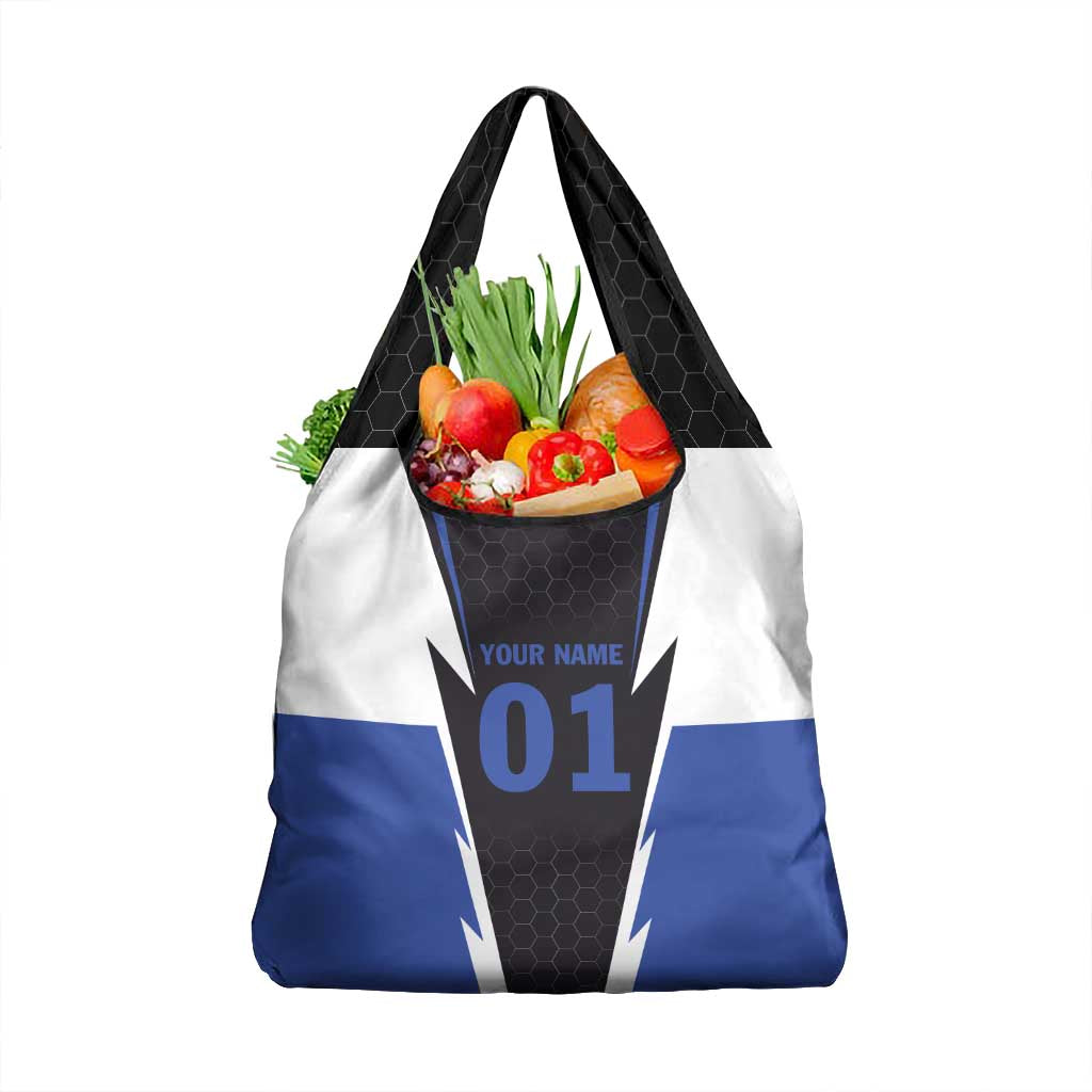 Personalized Bass Fishing Grocery Bag Jumping Fish and Blue White Lightning Pattern Design - Wonder Print Shop