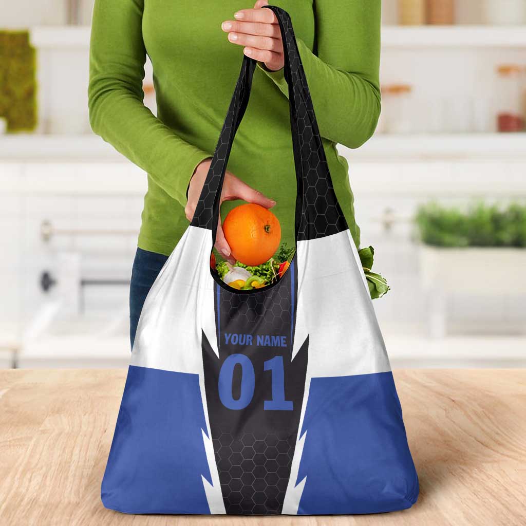 Personalized Bass Fishing Grocery Bag Jumping Fish and Blue White Lightning Pattern Design - Wonder Print Shop