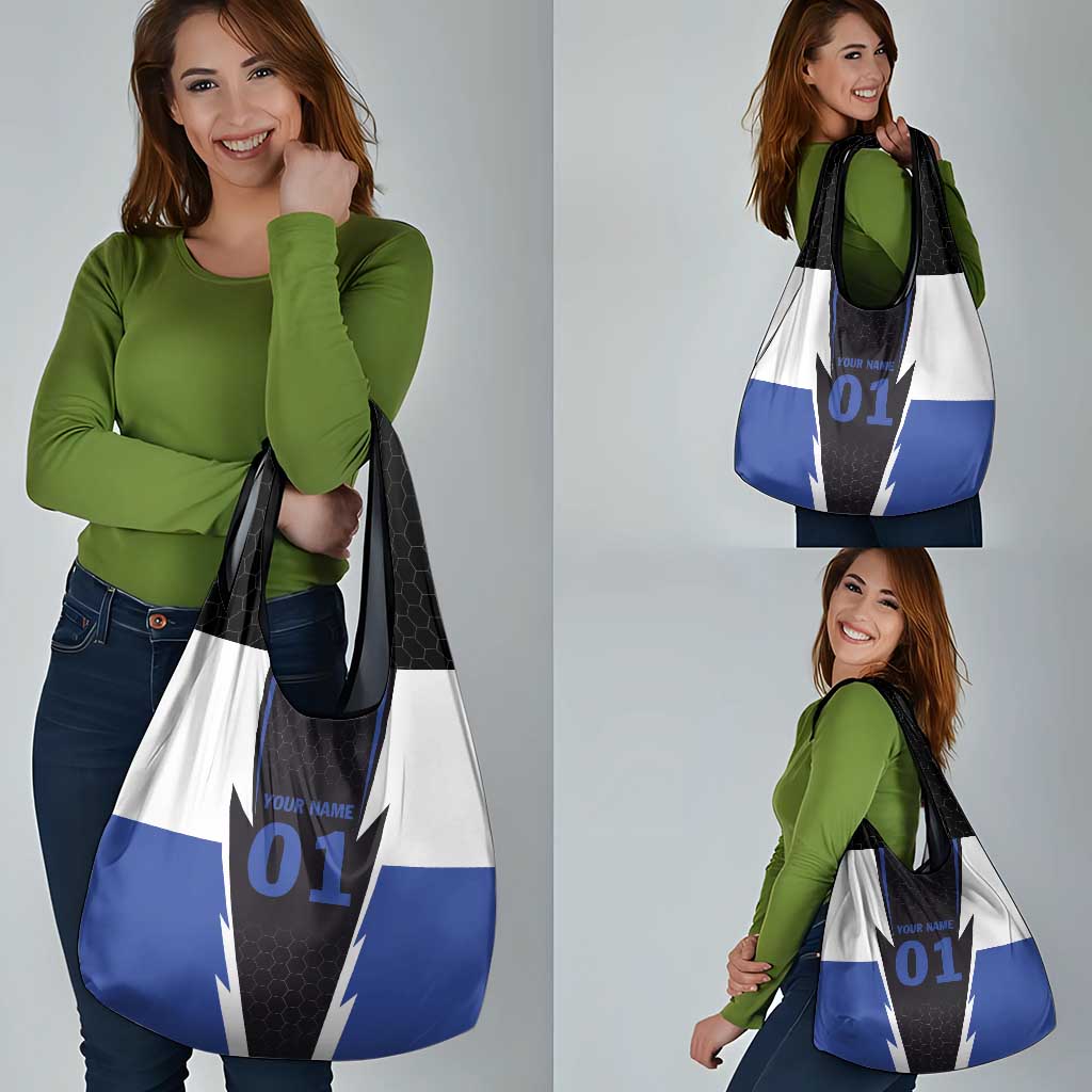 Personalized Bass Fishing Grocery Bag Jumping Fish and Blue White Lightning Pattern Design - Wonder Print Shop