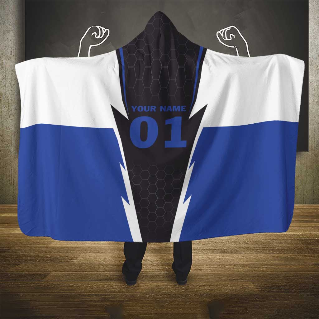 Personalized Bass Fishing Hooded Blanket Jumping Fish and Blue White Lightning Pattern Design - Wonder Print Shop