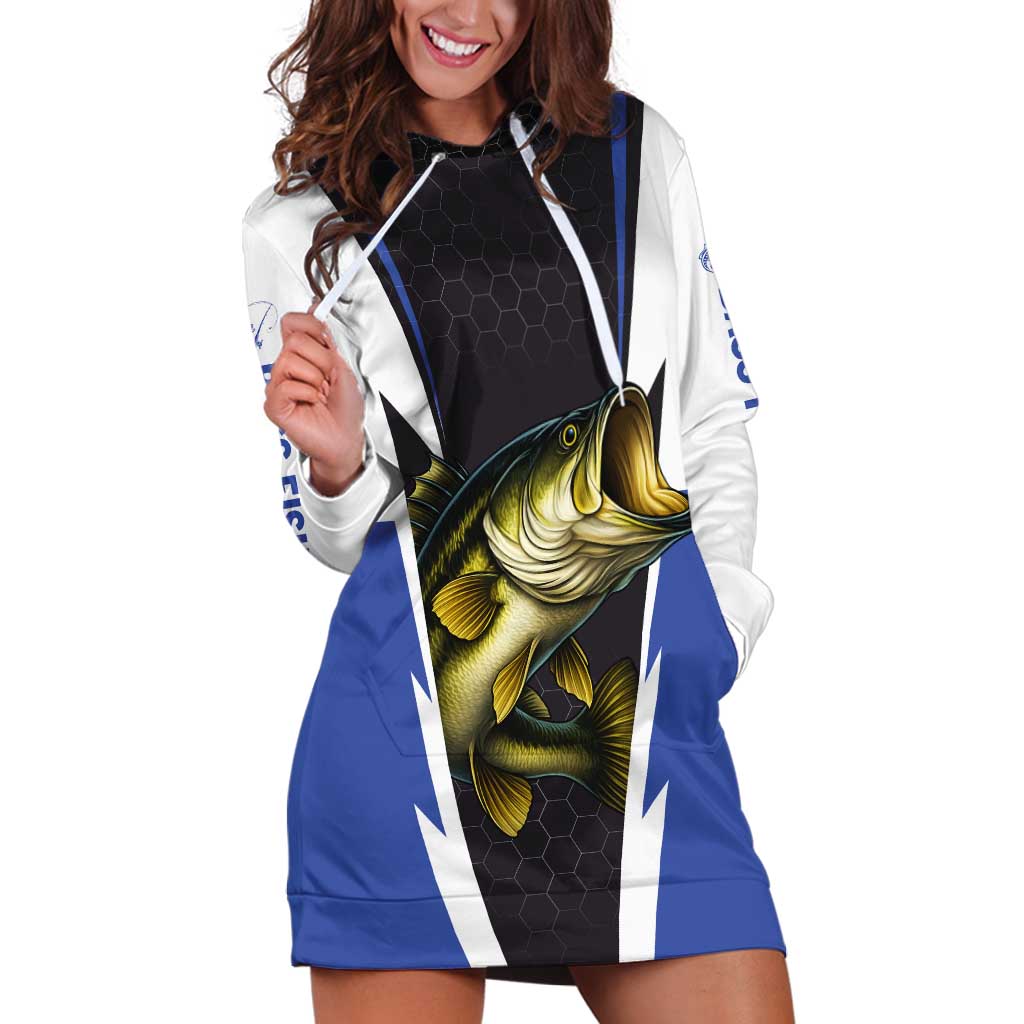 Personalized Bass Fishing Hoodie Dress Jumping Fish and Blue White Lightning Pattern Design - Wonder Print Shop