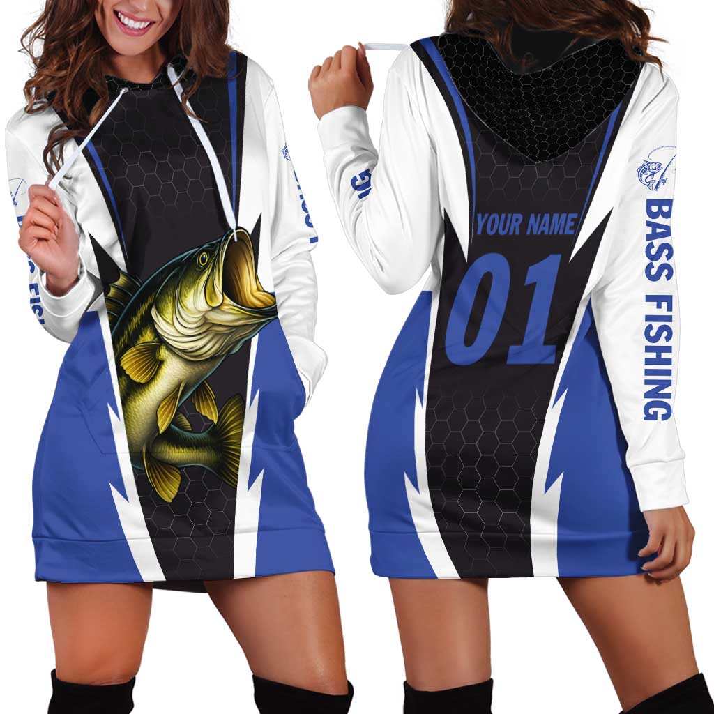 Personalized Bass Fishing Hoodie Dress Jumping Fish and Blue White Lightning Pattern Design - Wonder Print Shop