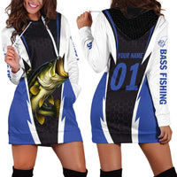 Personalized Bass Fishing Hoodie Dress Jumping Fish and Blue White Lightning Pattern Design - Wonder Print Shop