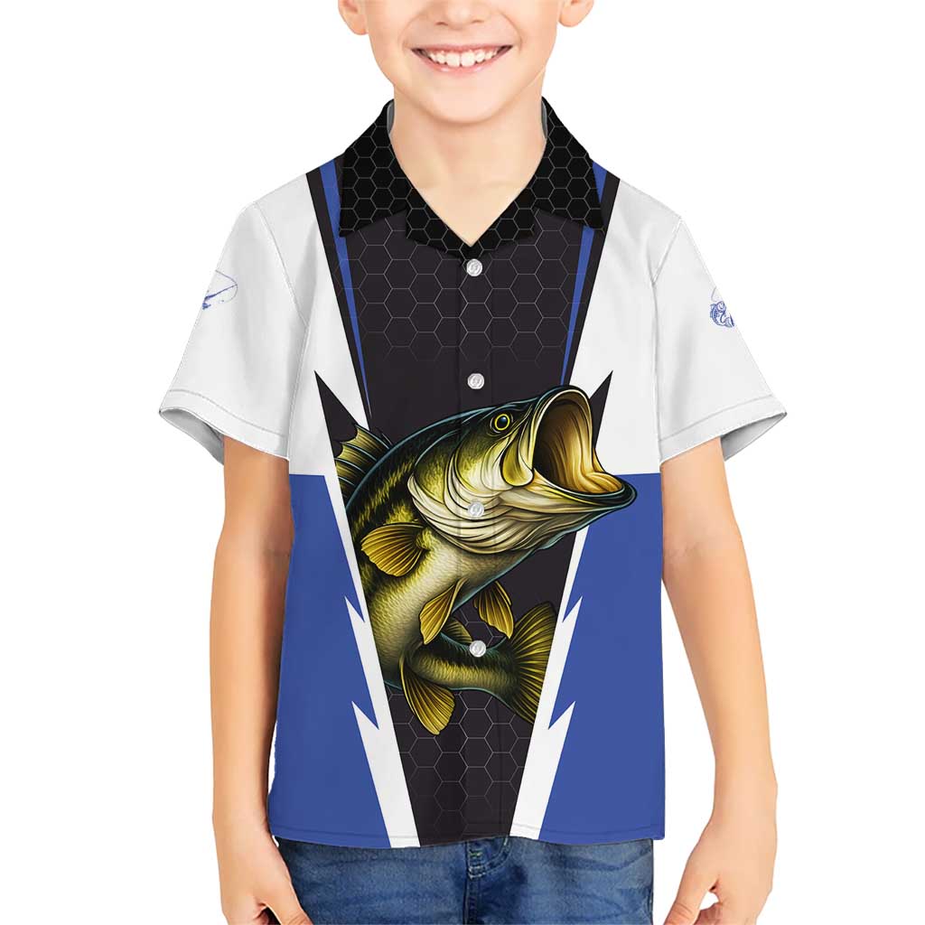 Personalized Bass Fishing Kid Hawaiian Shirt Jumping Fish and Blue White Lightning Pattern Design - Wonder Print Shop
