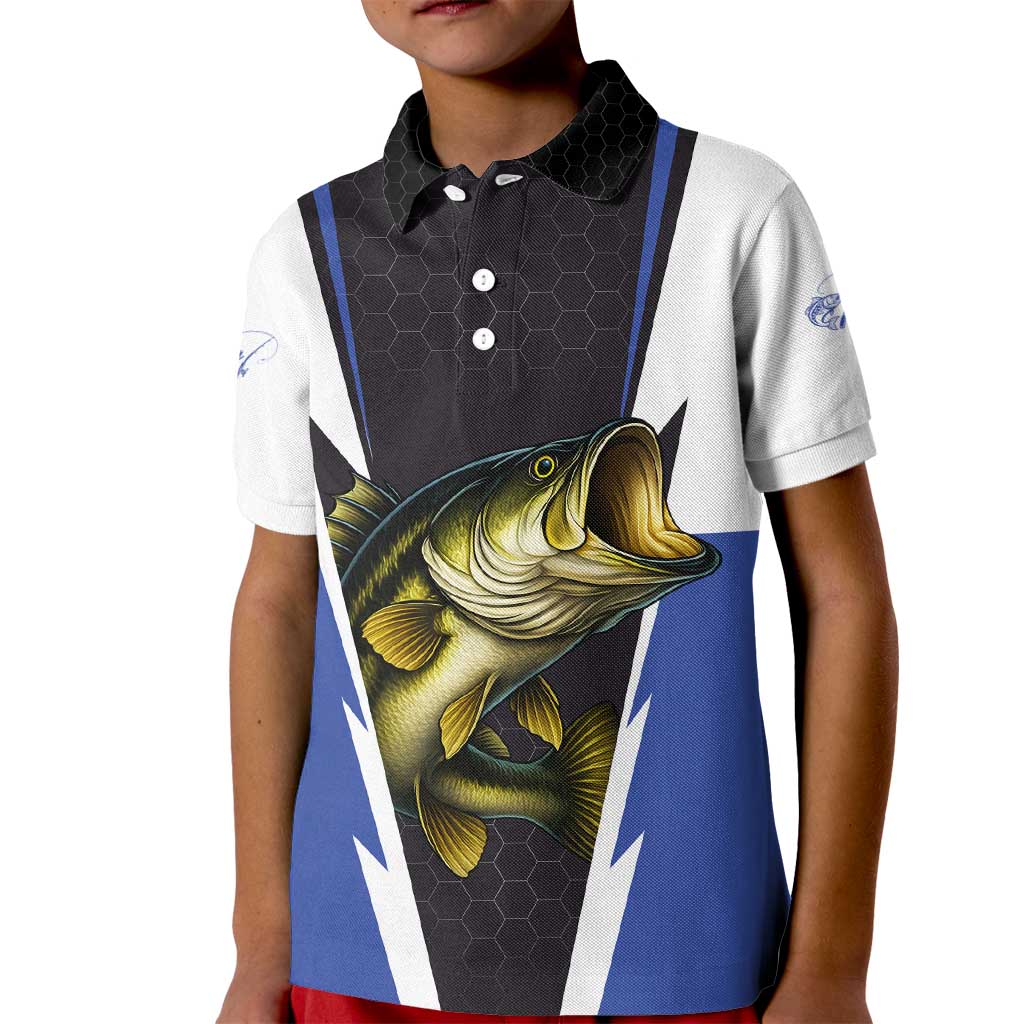 Personalized Bass Fishing Kid Polo Shirt Jumping Fish and Blue White Lightning Pattern Design - Wonder Print Shop