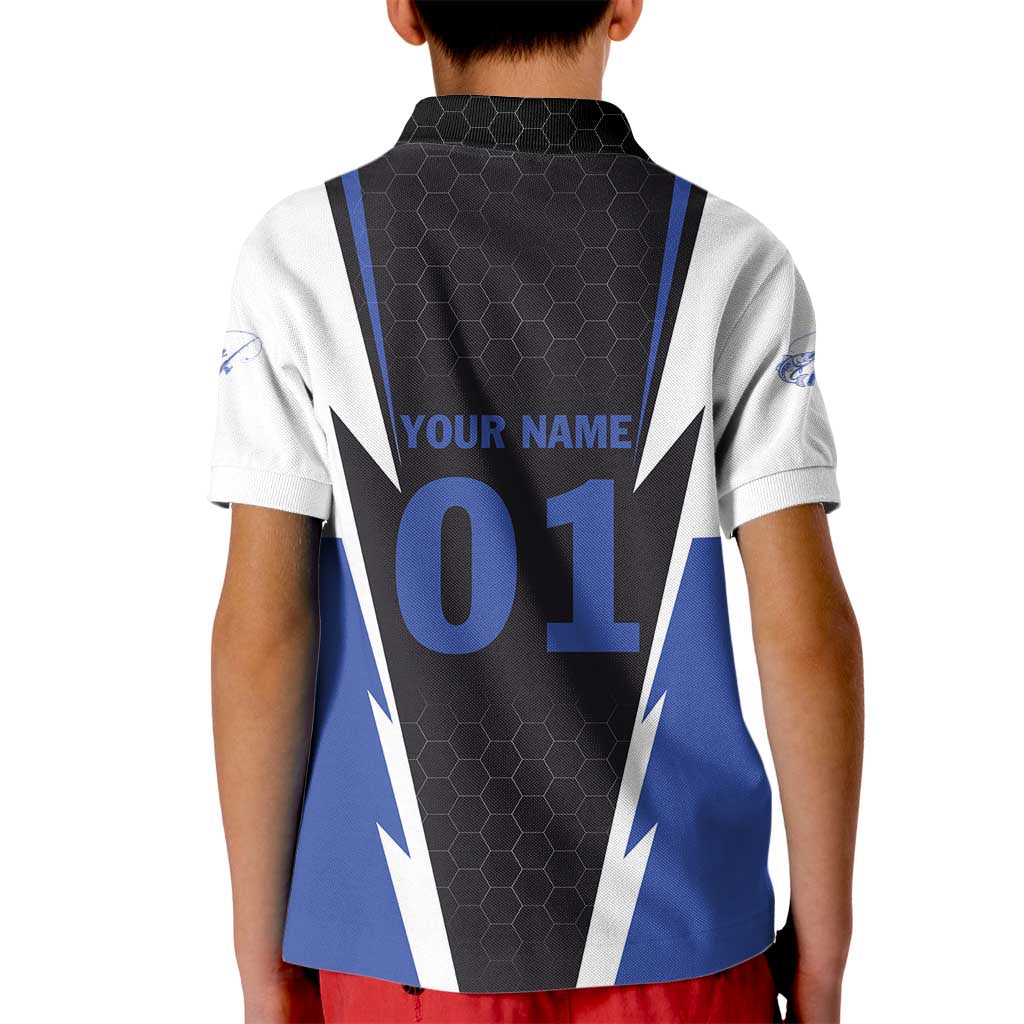 Personalized Bass Fishing Kid Polo Shirt Jumping Fish and Blue White Lightning Pattern Design - Wonder Print Shop