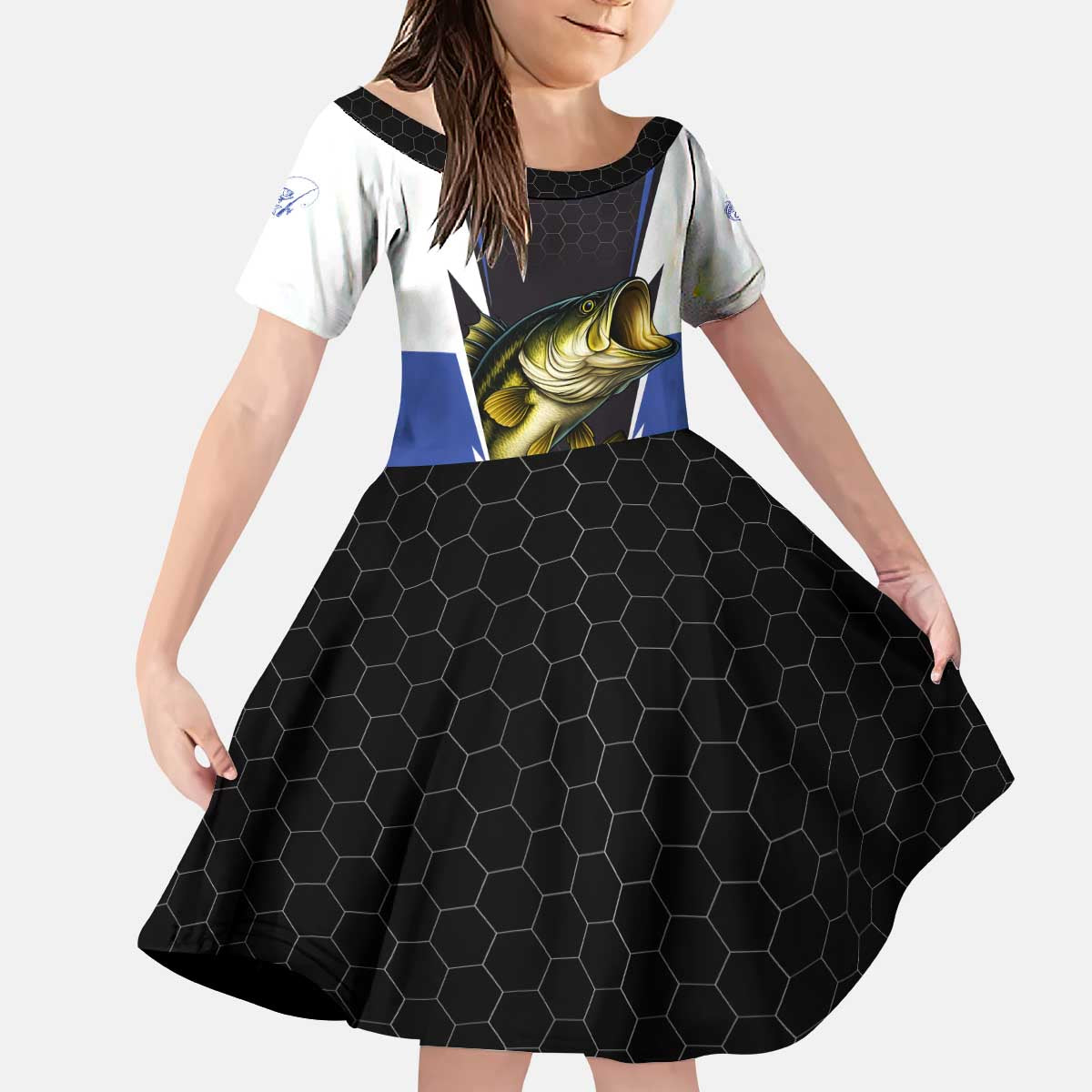 Personalized Bass Fishing Kid Short Sleeve Dress Jumping Fish and Blue White Lightning Pattern Design - Wonder Print Shop