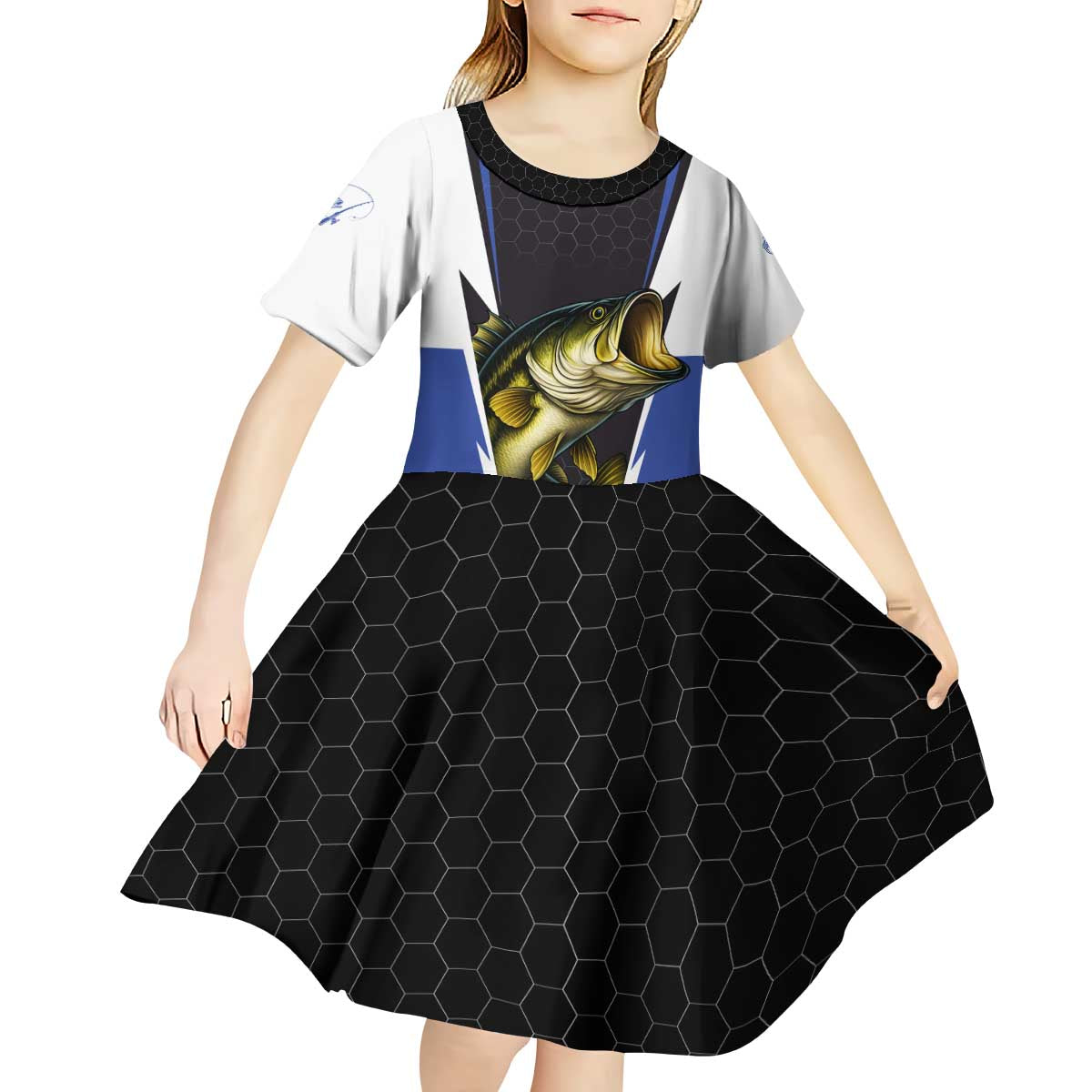 Personalized Bass Fishing Kid Short Sleeve Dress Jumping Fish and Blue White Lightning Pattern Design - Wonder Print Shop