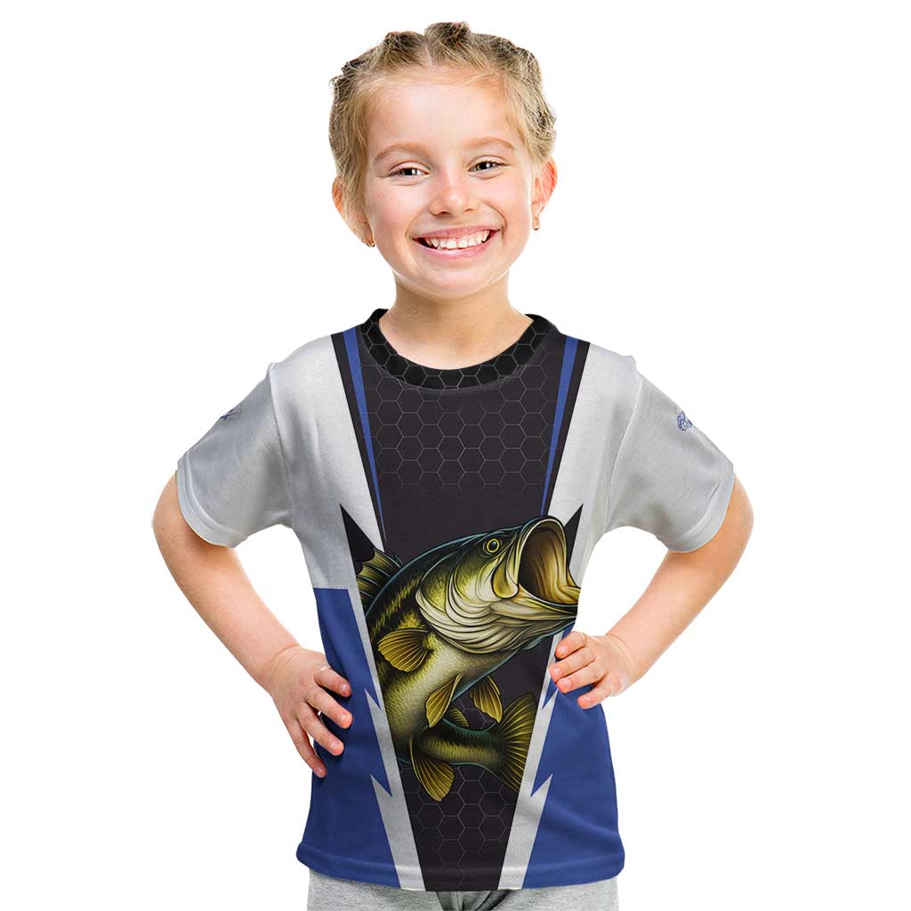 Personalized Bass Fishing Kid T Shirt Jumping Fish and Blue White Lightning Pattern Design - Wonder Print Shop