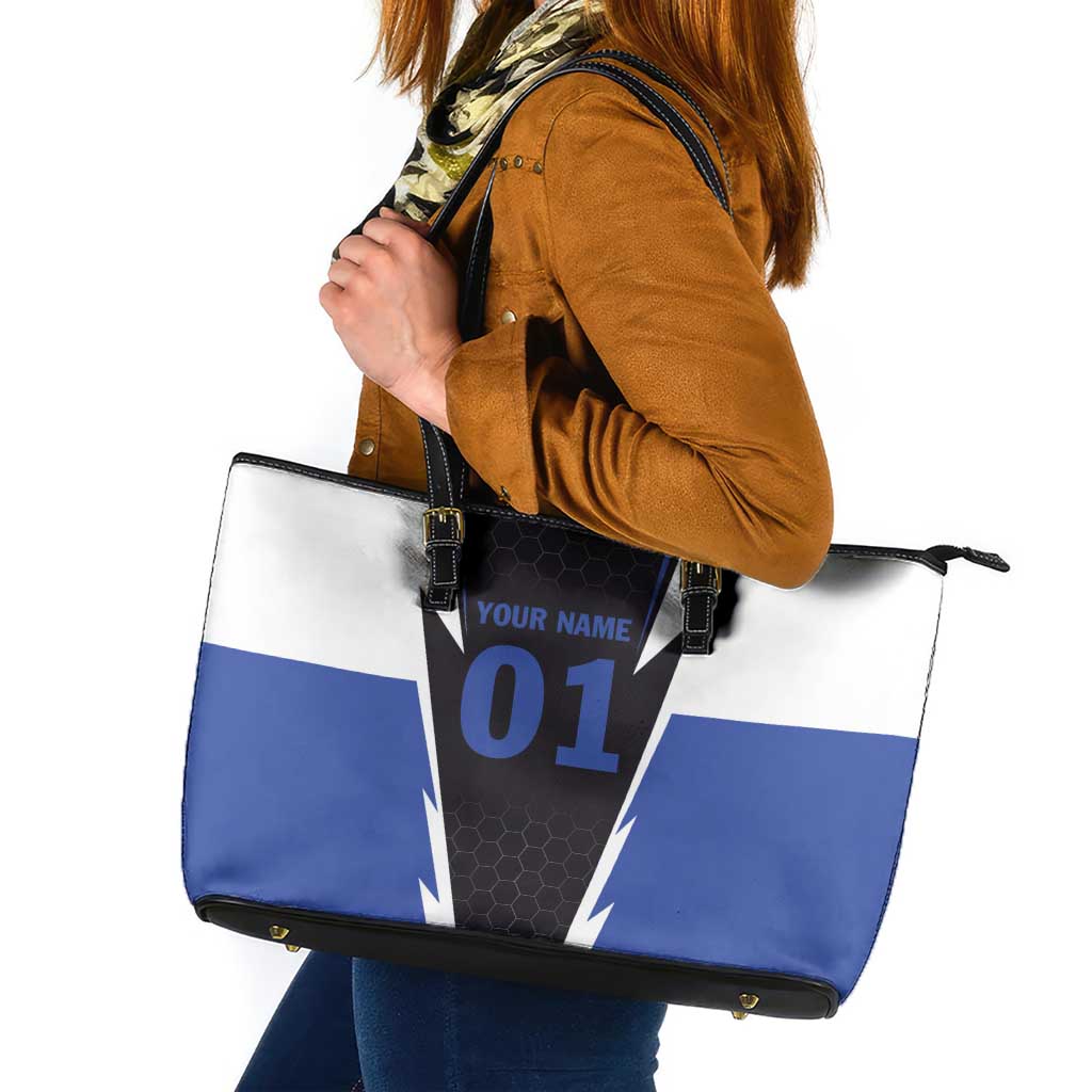 Personalized Bass Fishing Leather Tote Bag Jumping Fish and Blue White Lightning Pattern Design - Wonder Print Shop