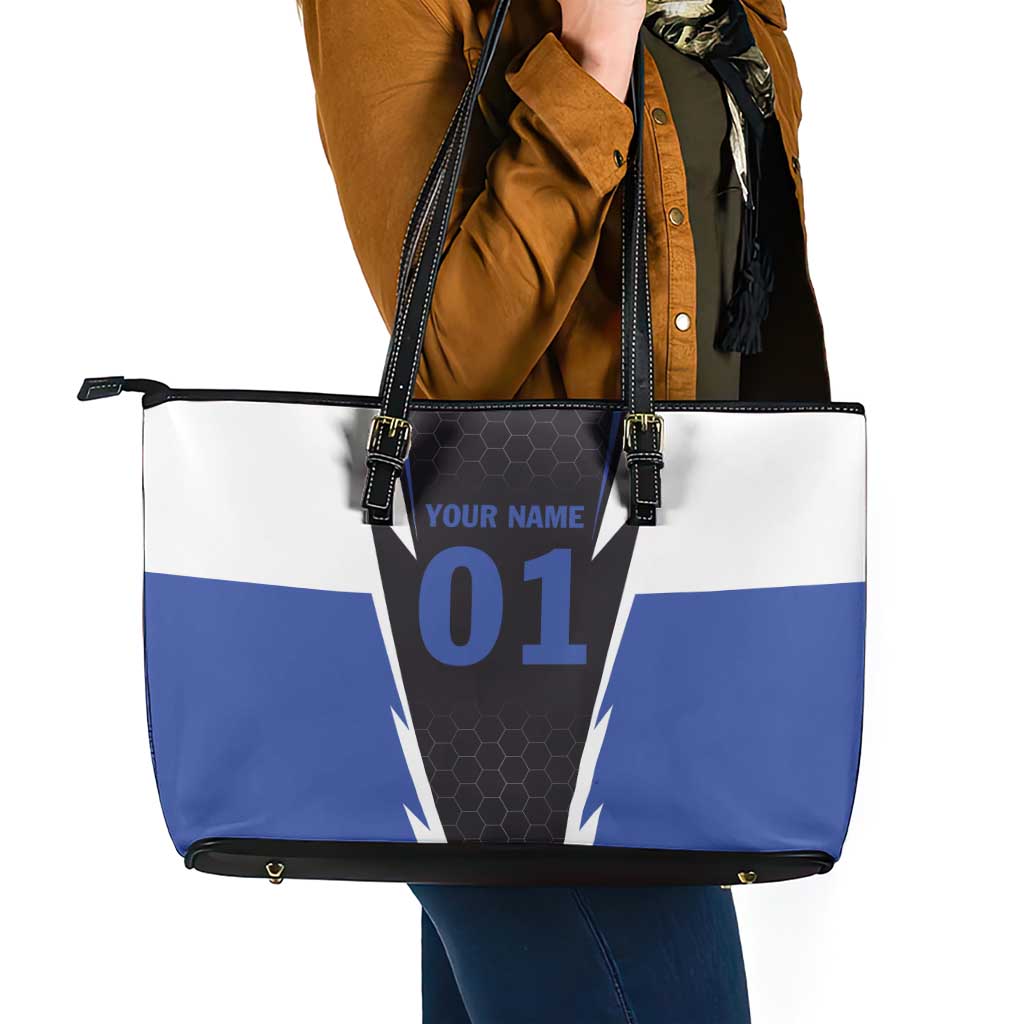 Personalized Bass Fishing Leather Tote Bag Jumping Fish and Blue White Lightning Pattern Design - Wonder Print Shop