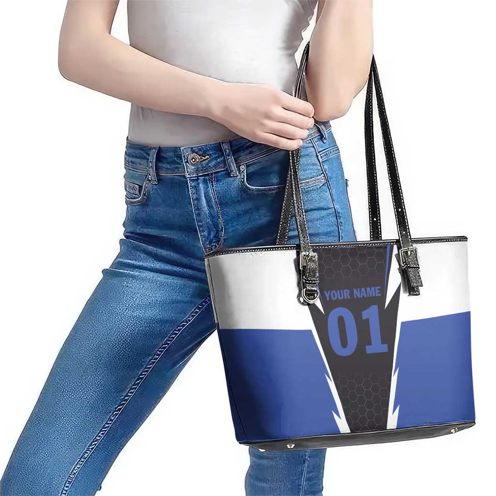 Personalized Bass Fishing Leather Tote Bag Jumping Fish and Blue White Lightning Pattern Design - Wonder Print Shop