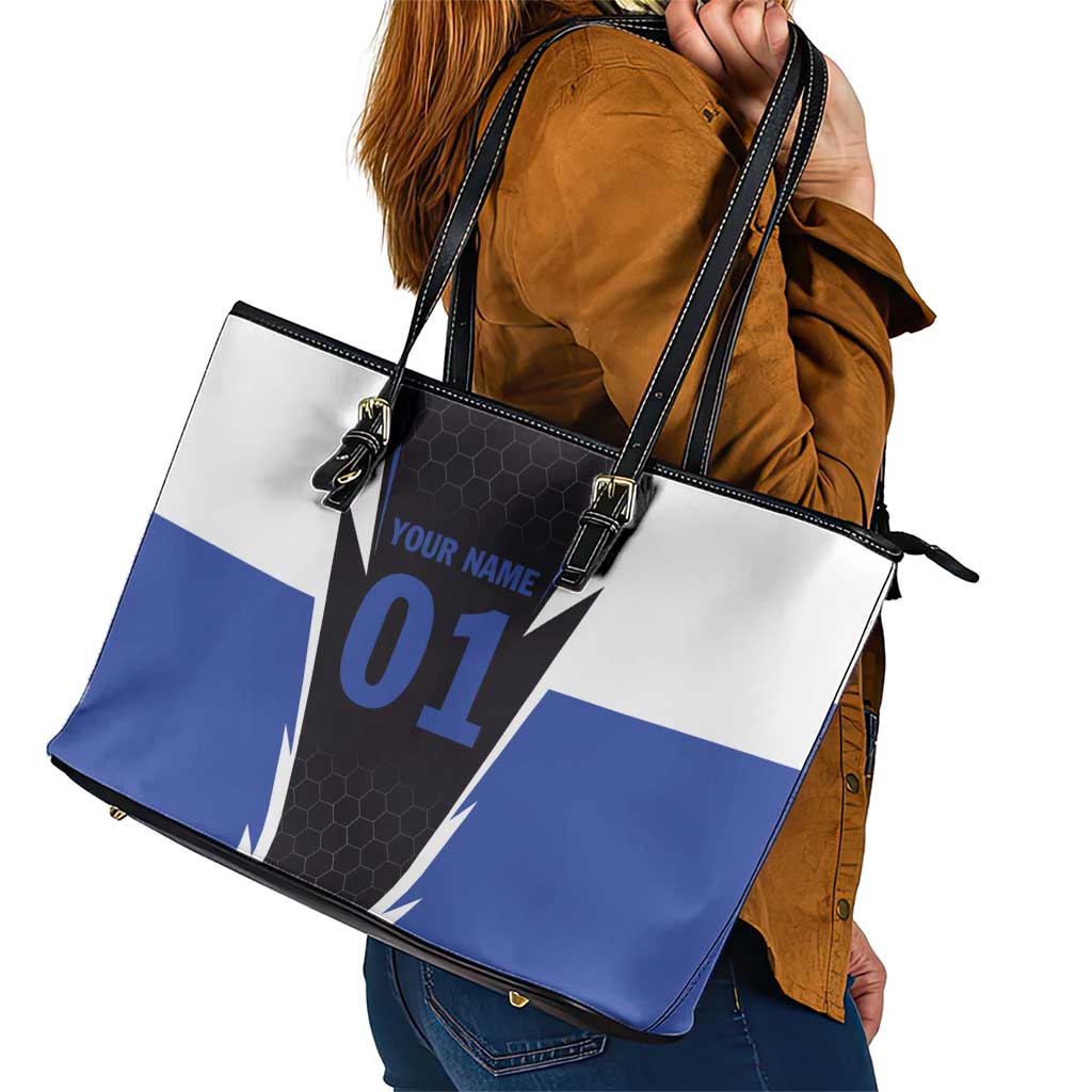 Personalized Bass Fishing Leather Tote Bag Jumping Fish and Blue White Lightning Pattern Design - Wonder Print Shop