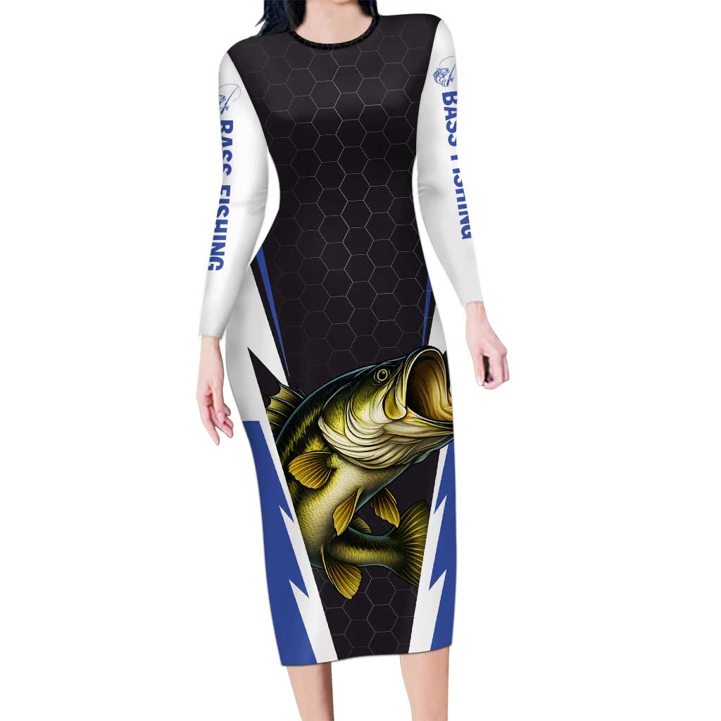 Personalized Bass Fishing Long Sleeve Bodycon Dress Jumping Fish and Blue White Lightning Pattern Design - Wonder Print Shop