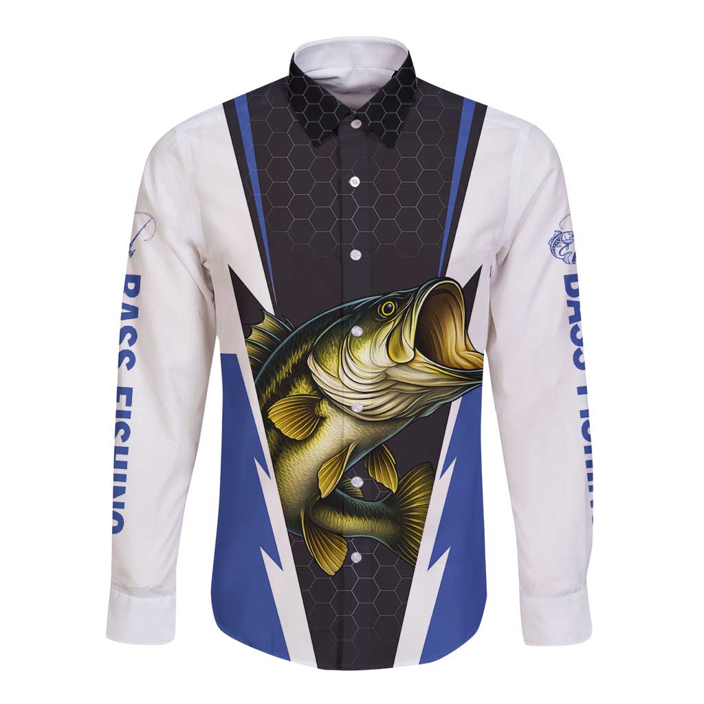 Personalized Bass Fishing Long Sleeve Button Shirt Jumping Fish and Blue White Lightning Pattern Design - Wonder Print Shop