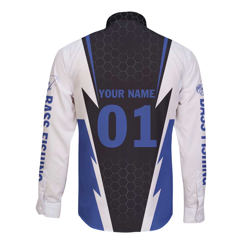 Personalized Bass Fishing Long Sleeve Button Shirt Jumping Fish and Blue White Lightning Pattern Design - Wonder Print Shop