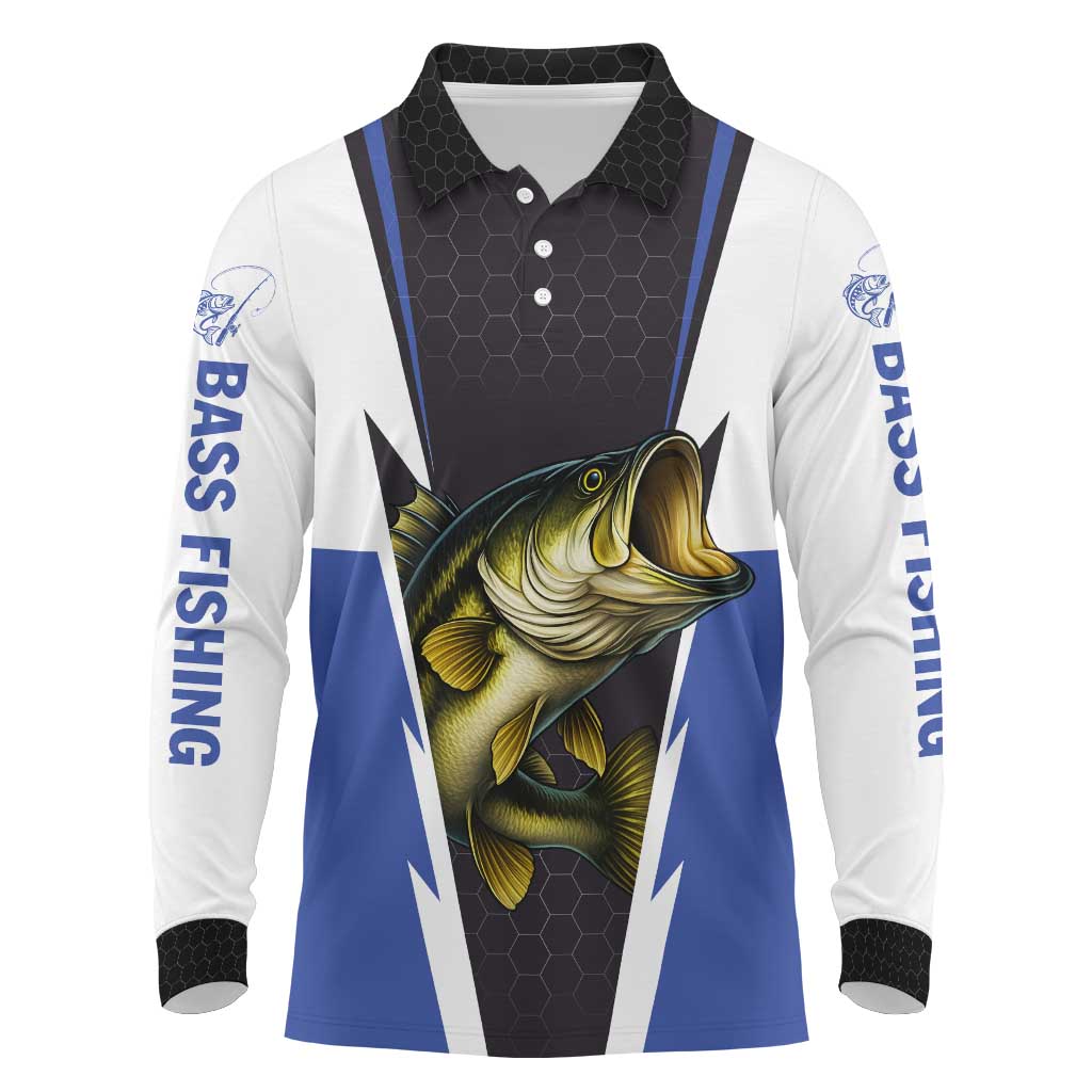 Personalized Bass Fishing Long Sleeve Polo Shirt Jumping Fish and Blue White Lightning Pattern Design - Wonder Print Shop