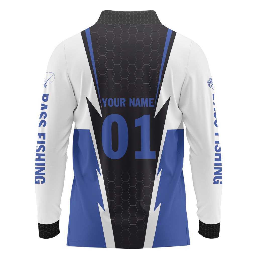 Personalized Bass Fishing Long Sleeve Polo Shirt Jumping Fish and Blue White Lightning Pattern Design - Wonder Print Shop