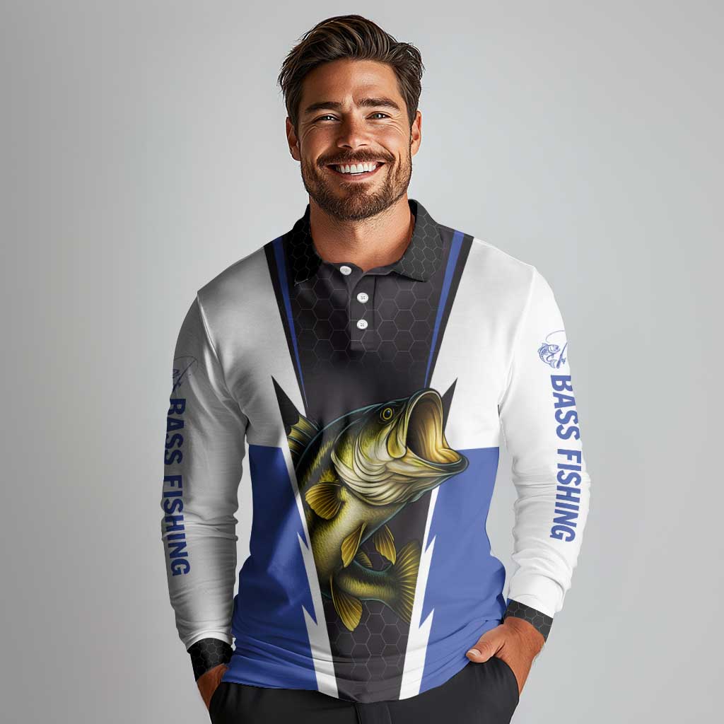 Personalized Bass Fishing Long Sleeve Polo Shirt Jumping Fish and Blue White Lightning Pattern Design - Wonder Print Shop