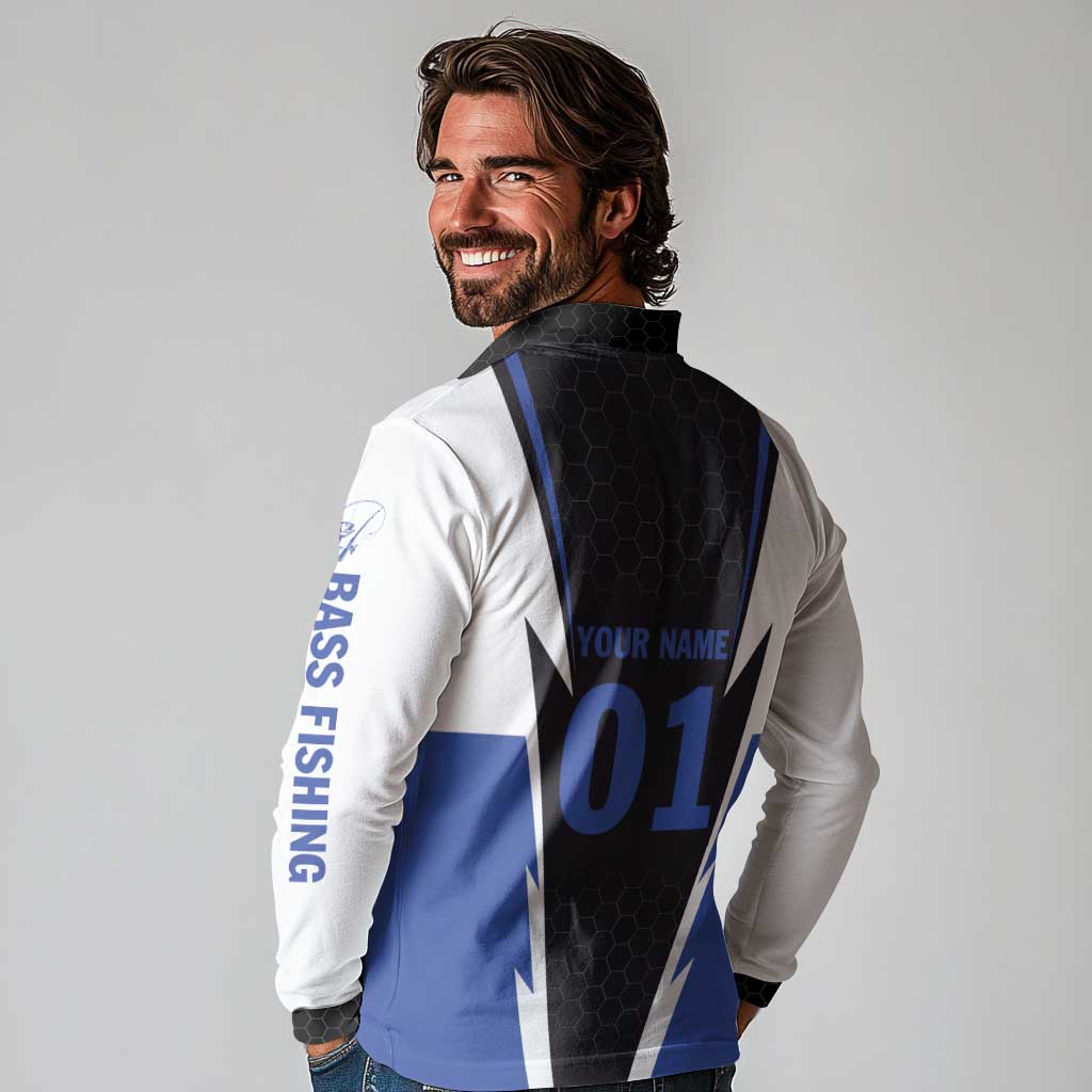 Personalized Bass Fishing Long Sleeve Polo Shirt Jumping Fish and Blue White Lightning Pattern Design - Wonder Print Shop