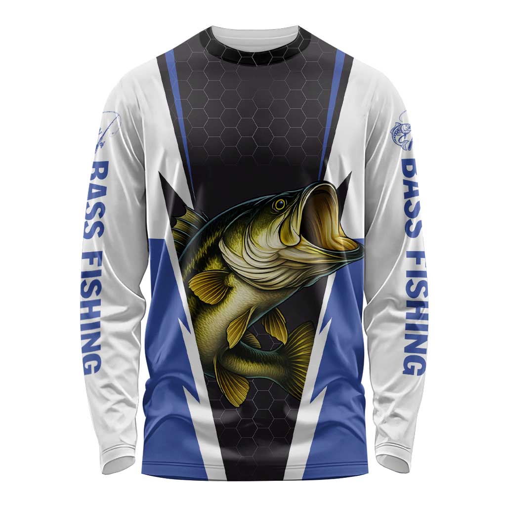 Personalized Bass Fishing Long Sleeve Shirt Jumping Fish and Blue White Lightning Pattern Design - Wonder Print Shop