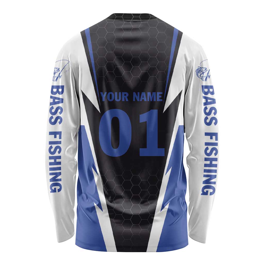 Personalized Bass Fishing Long Sleeve Shirt Jumping Fish and Blue White Lightning Pattern Design - Wonder Print Shop