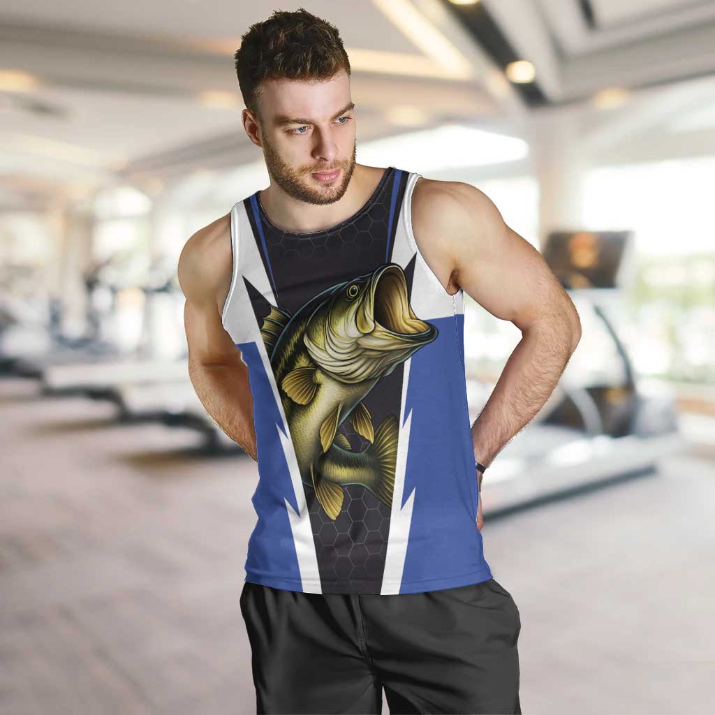 Personalized Bass Fishing Men Tank Top Jumping Fish and Blue White Lightning Pattern Design - Wonder Print Shop
