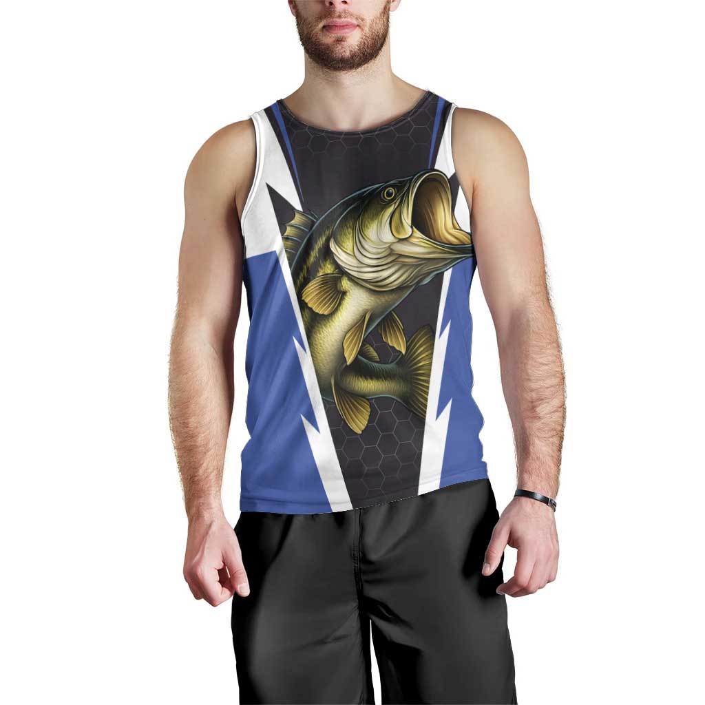 Personalized Bass Fishing Men Tank Top Jumping Fish and Blue White Lightning Pattern Design - Wonder Print Shop