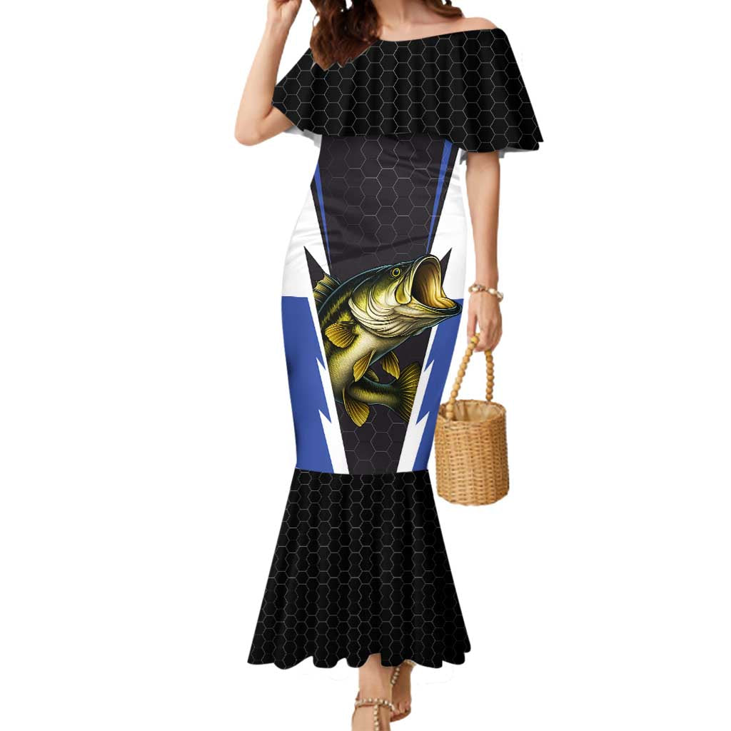 Personalized Bass Fishing Mermaid Dress Jumping Fish and Blue White Lightning Pattern Design - Wonder Print Shop