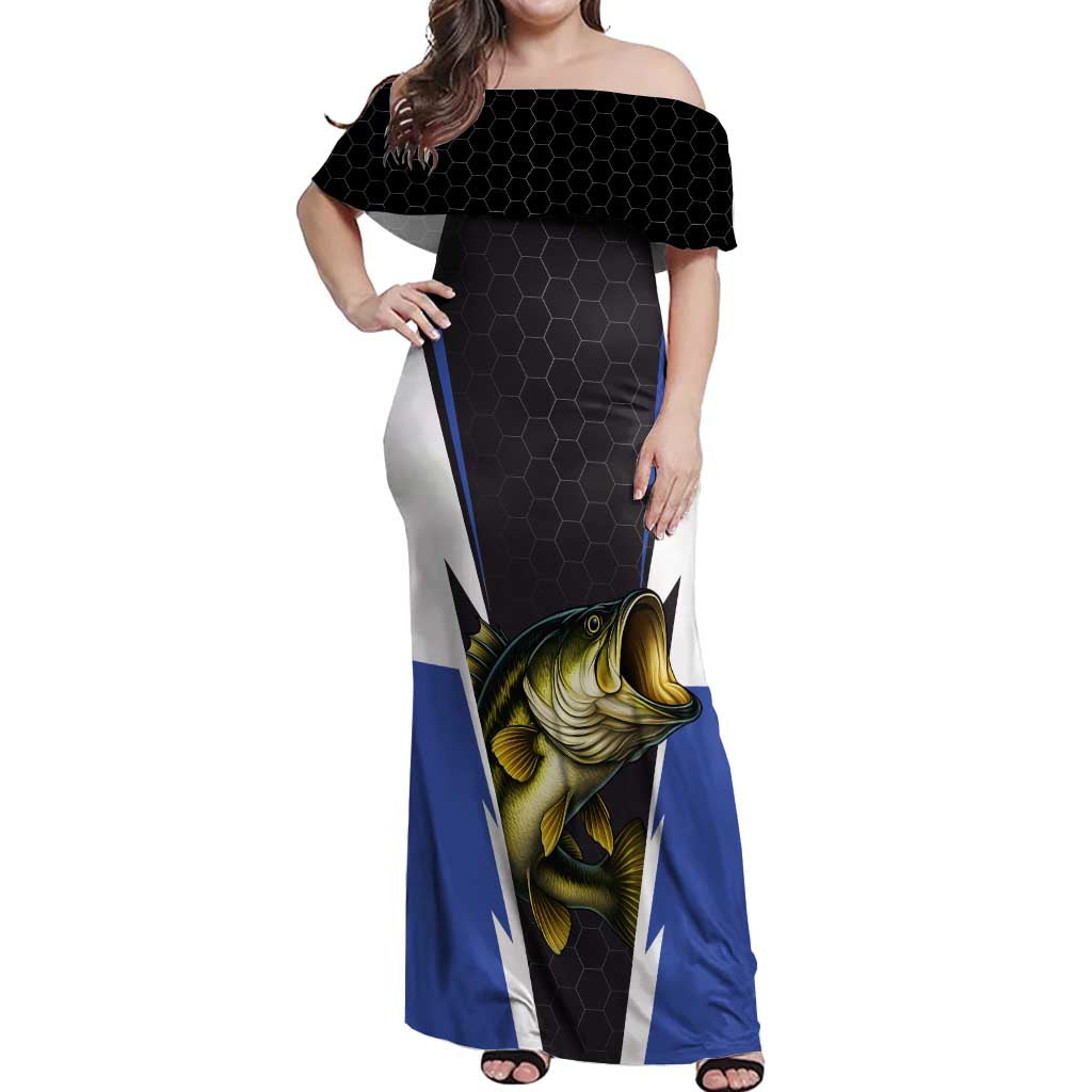 Personalized Bass Fishing Off Shoulder Maxi Dress Jumping Fish and Blue White Lightning Pattern Design - Wonder Print Shop