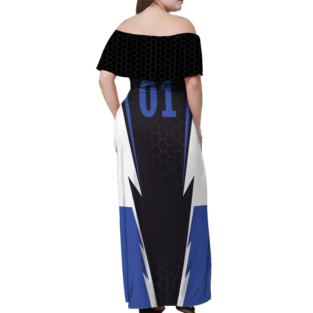 Personalized Bass Fishing Off Shoulder Maxi Dress Jumping Fish and Blue White Lightning Pattern Design - Wonder Print Shop