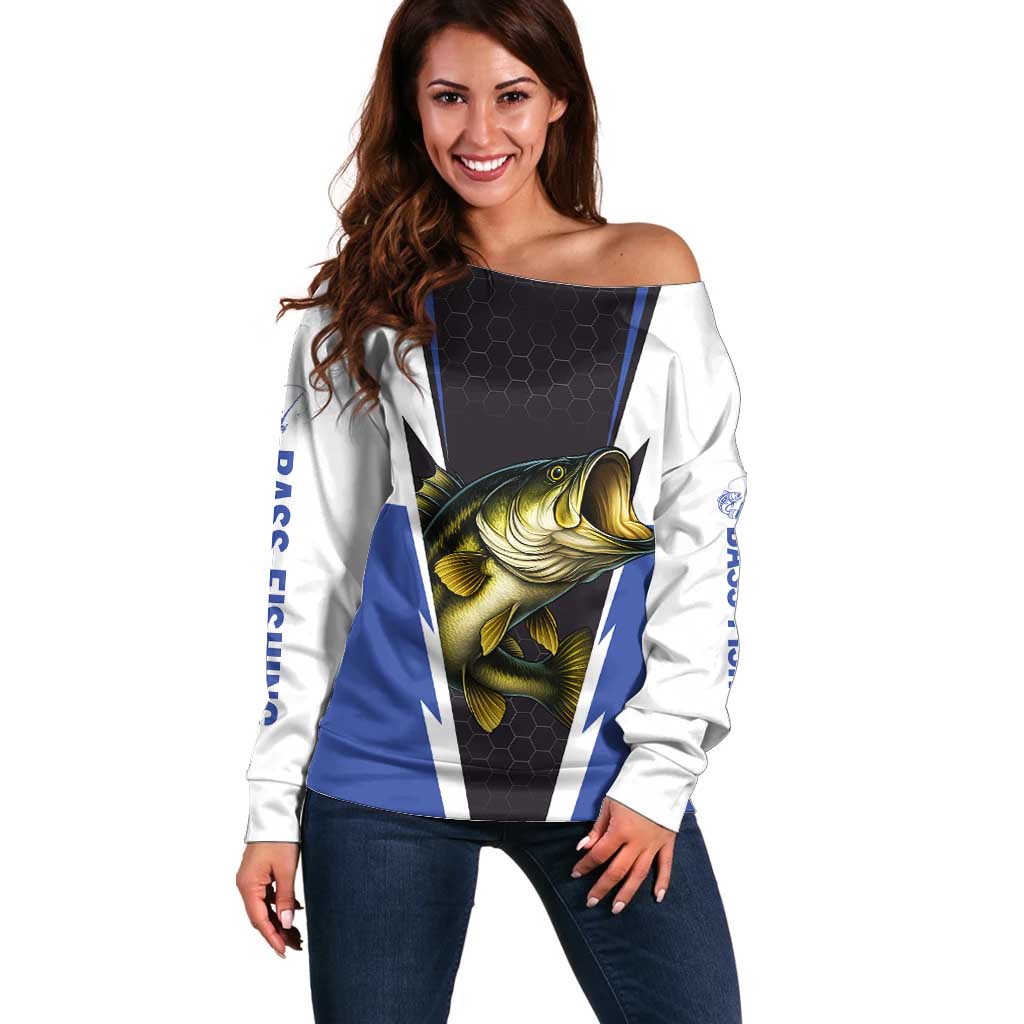 Personalized Bass Fishing Off Shoulder Sweater Jumping Fish and Blue White Lightning Pattern Design - Wonder Print Shop