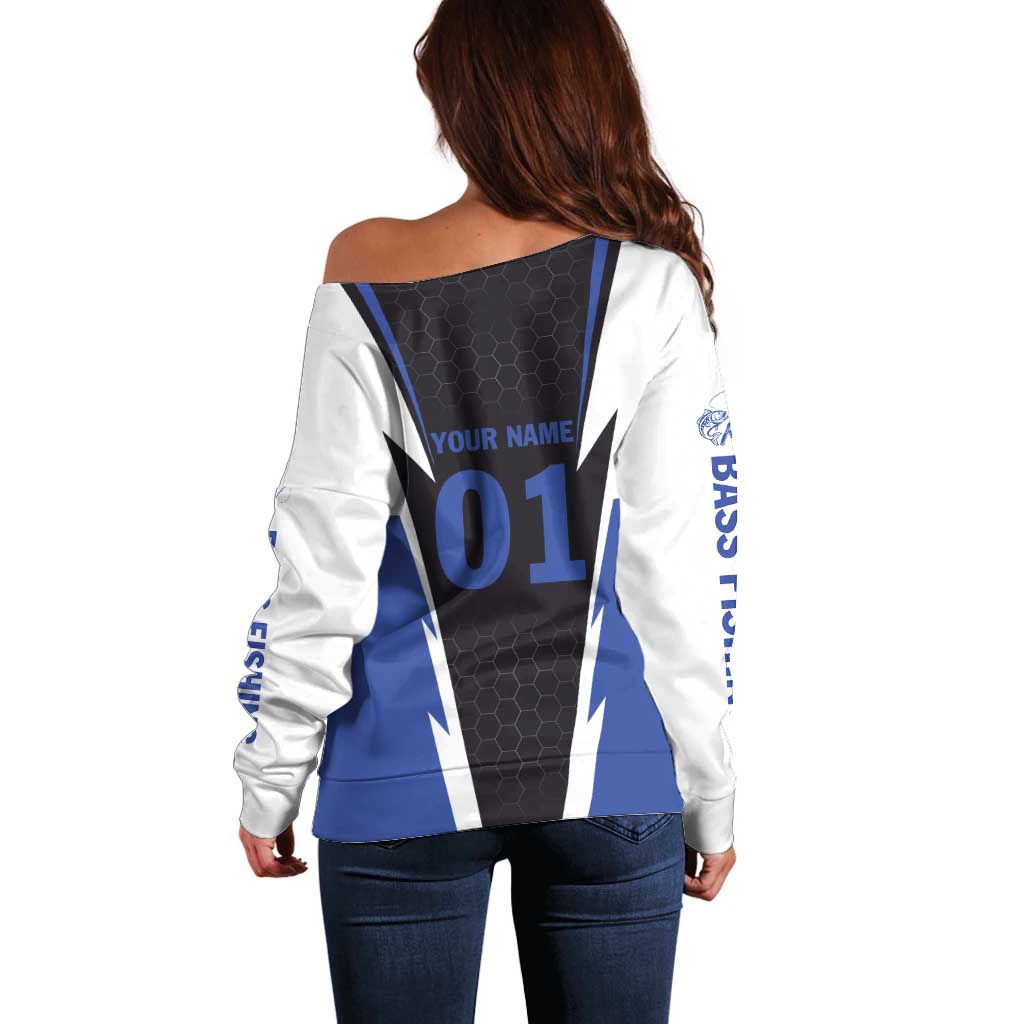 Personalized Bass Fishing Off Shoulder Sweater Jumping Fish and Blue White Lightning Pattern Design - Wonder Print Shop