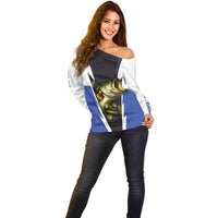 Personalized Bass Fishing Off Shoulder Sweater Jumping Fish and Blue White Lightning Pattern Design - Wonder Print Shop