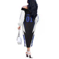 Personalized Bass Fishing Off The Shoulder Long Sleeve Dress Jumping Fish and Blue White Lightning Pattern Design - Wonder Print Shop