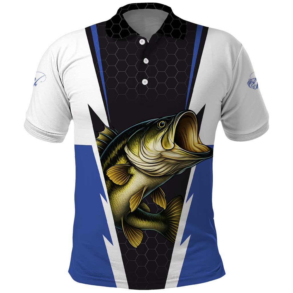 Personalized Bass Fishing Polo Shirt Jumping Fish and Blue White Lightning Pattern Design - Wonder Print Shop