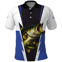 Personalized Bass Fishing Polo Shirt Jumping Fish and Blue White Lightning Pattern Design - Wonder Print Shop