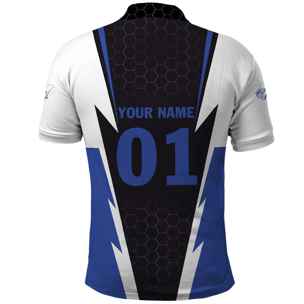 Personalized Bass Fishing Polo Shirt Jumping Fish and Blue White Lightning Pattern Design - Wonder Print Shop