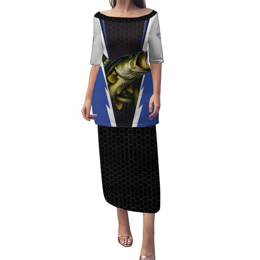 Personalized Bass Fishing Puletasi Jumping Fish and Blue White Lightning Pattern Design - Wonder Print Shop